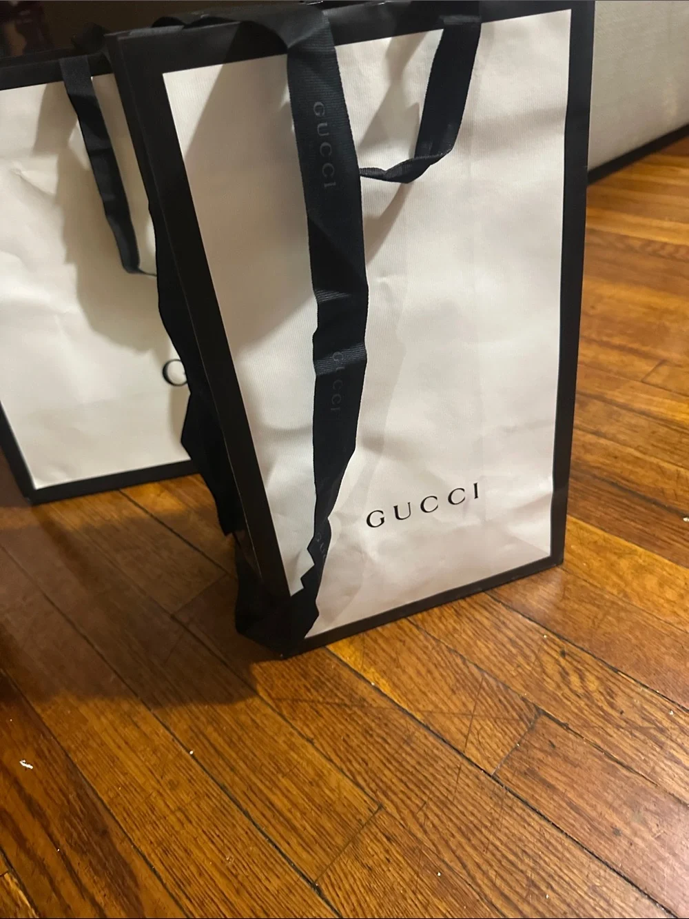 Gucci White and Black Logo Shopping Bags - Pair With Gucci Gross Grain Ribbon